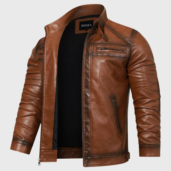 Retro Brown Slim Fit Leather Jacket - Intofa