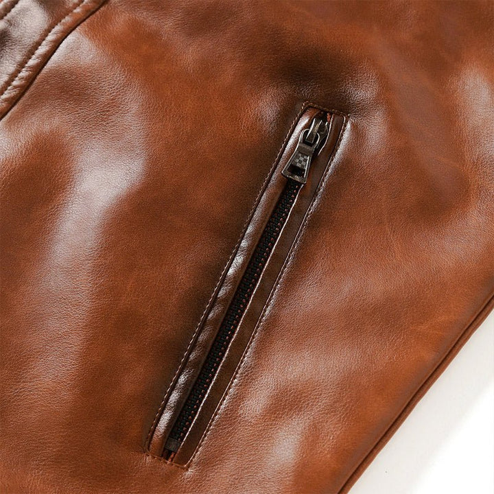 Retro Brown Slim Fit Leather Jacket - Intofa